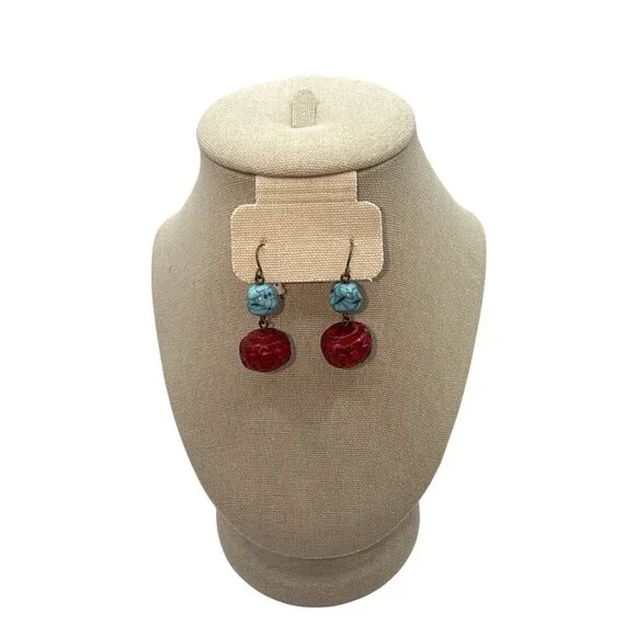 Vtg Turquoise Red Stone Wood Dangle Festival BOHO Southwestern Earrings - Picture 3 of 5